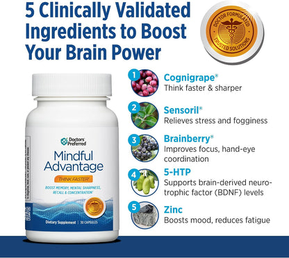 DOCTORS' PREFERRED Mindful Advantage Brain Supplements for Memory and Focus – Boost Memory, Mental Sharpness, Recall & Concentration – 30 Capsules