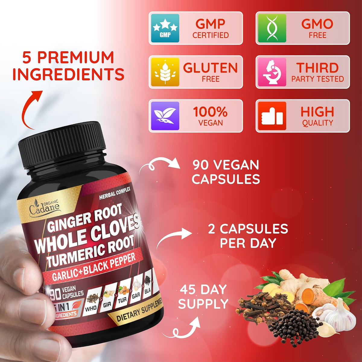 Cadane 5in1 Whole Cloves Herbal Blend – Digestive & Immune Support – Non-GMO, Vegan – 90 Capsules - görsel 3