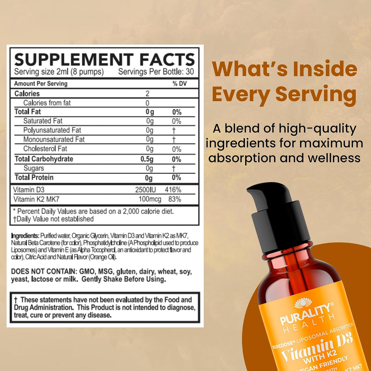 PURALITY HEALTH Vitamin D3 with K2 Liquid Supplement, Vegan, Micelle Liposomal Enhanced Absorption, Non-GMO, 30 Day Supply - görsel 7