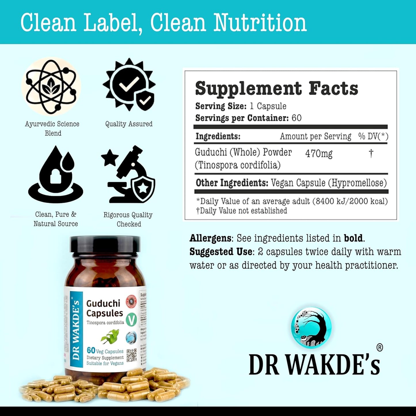 DR WAKDE's Guduchi Capsules (Tinospora cordifolia, 60 Veg Caps, Plant-Based Supplement, Ayurvedic Herb, All Natural, Vegan) - görsel 6