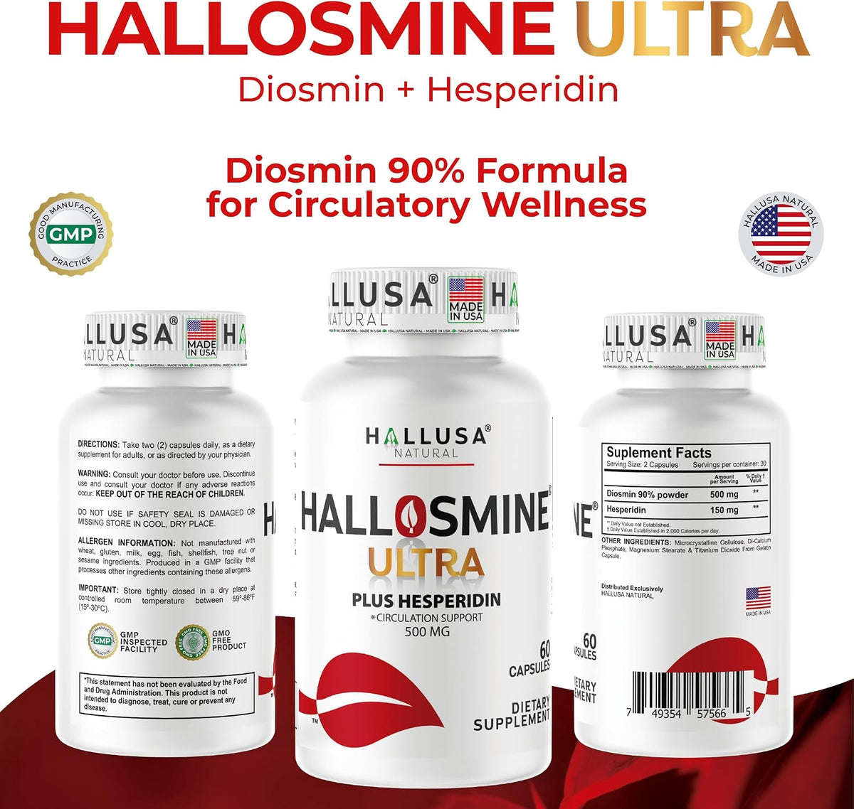 Hallusa Natural Hallosmine Ultra Diosmin 500mg & Hesperidin 150mg – Blood Circulation Support, 60 Capsules - görsel 3
