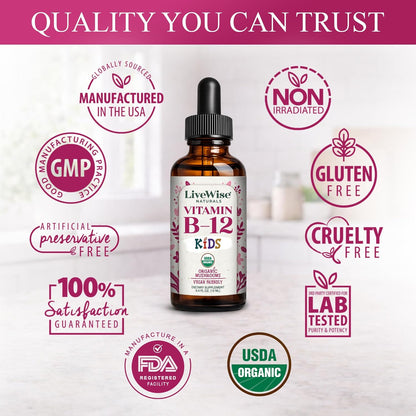Live Wise Naturals Vitamin B12 Liquid Drops for Children – Vegan, Non-GM, Low Dose (5mcg per serving)