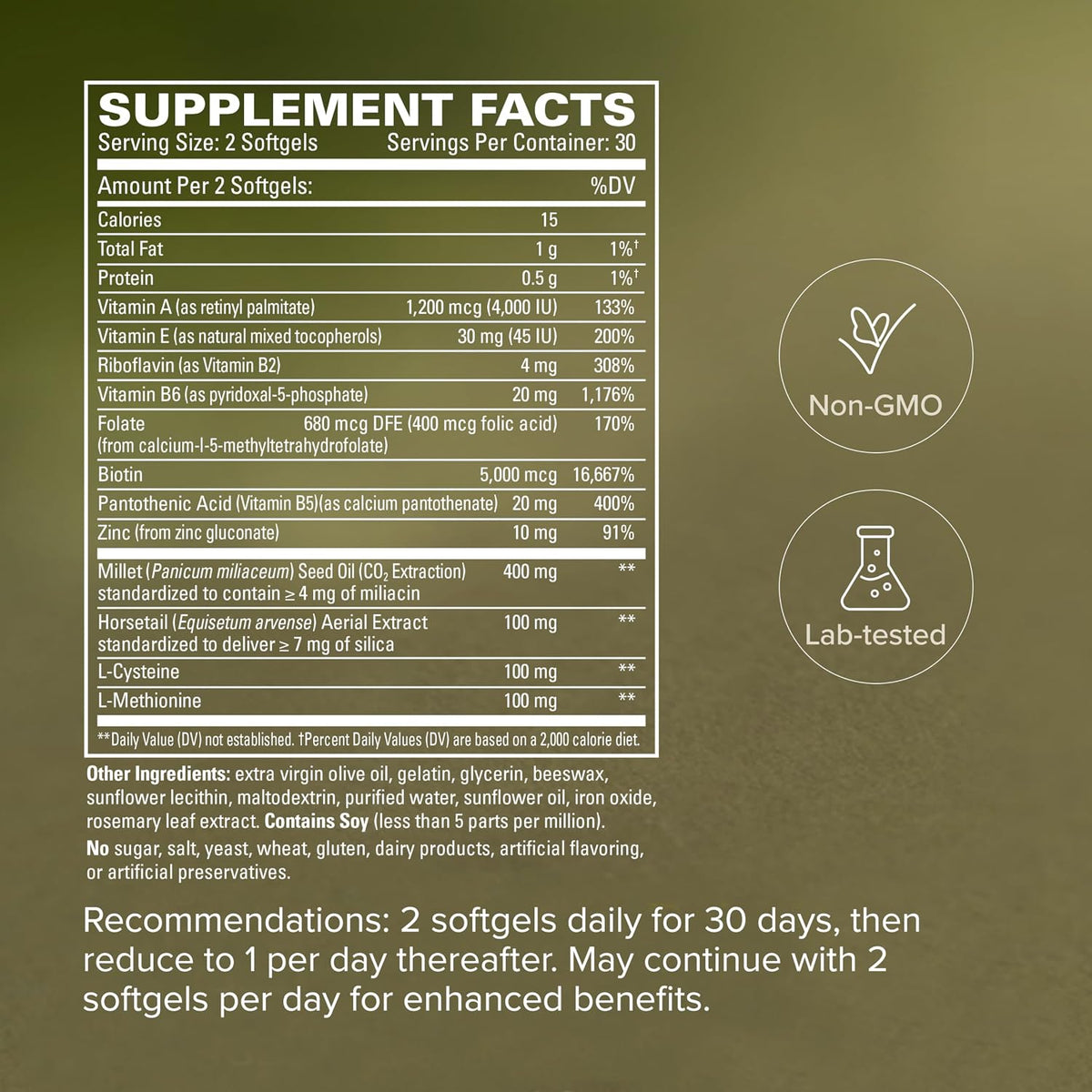 Terry Naturally Hair Renew Formula - 60 Softgels - Promotes Healthy Hair and Nourishes Thinning Hair with Millet Seed Oil, Horsetail, Biotin & Folic Acid - Gluten-Free - 30 Servings - görsel 5