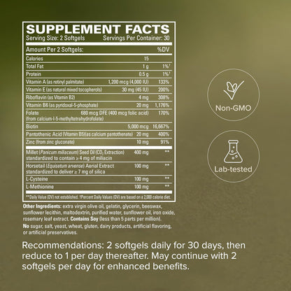 Terry Naturally Hair Renew Formula - 60 Softgels - Promotes Healthy Hair and Nourishes Thinning Hair with Millet Seed Oil, Horsetail, Biotin & Folic Acid - Gluten-Free - 30 Servings
