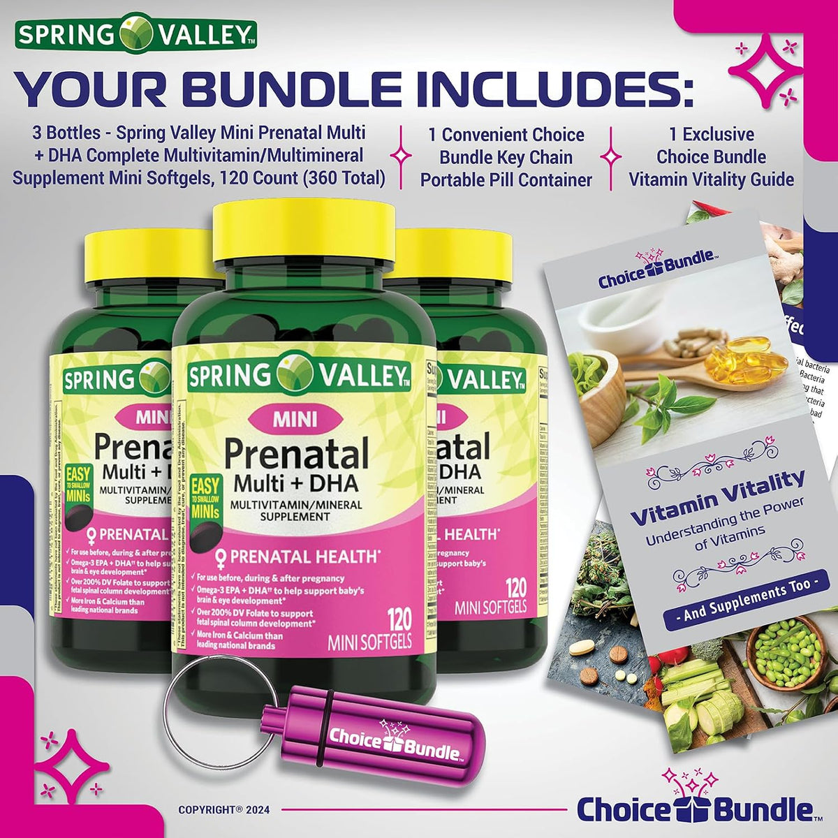 Choice Bundle Spring Valley Prenatal Multi + DHA Complete Multivitamin Multimineral Supplement Mini Soft gel capsules (360 Count Bundle with Vitamin Guide & Pill Organiser) - görsel 2