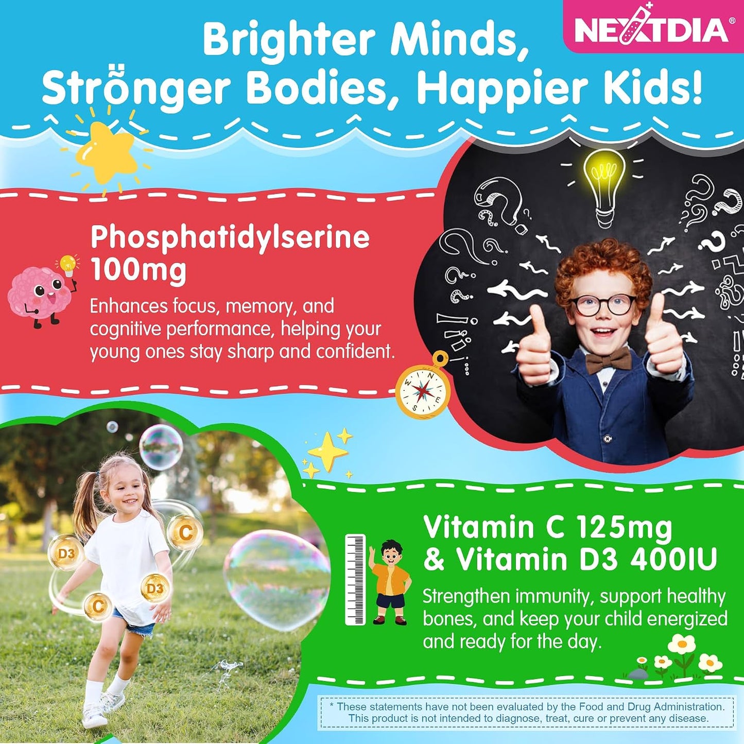 Phosphatidylserine 100mg Focus Gummies for Kids & Teens – Sugar Free, Vegan, with Vitamin C & D3 400IU – 2 Pack - görsel 5