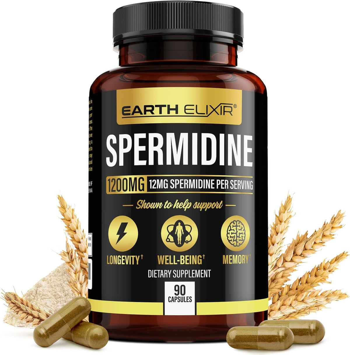 Earth Elixir Spermidine Supplements 1200mg (90 Capsules) – Anti-Ageing – Third-Party Tested (12mg Spermidine Powder) Max Purity – 100% Pure Spermidine – Fermented Wheat Germ Extract – NMN Alternative - görsel 1