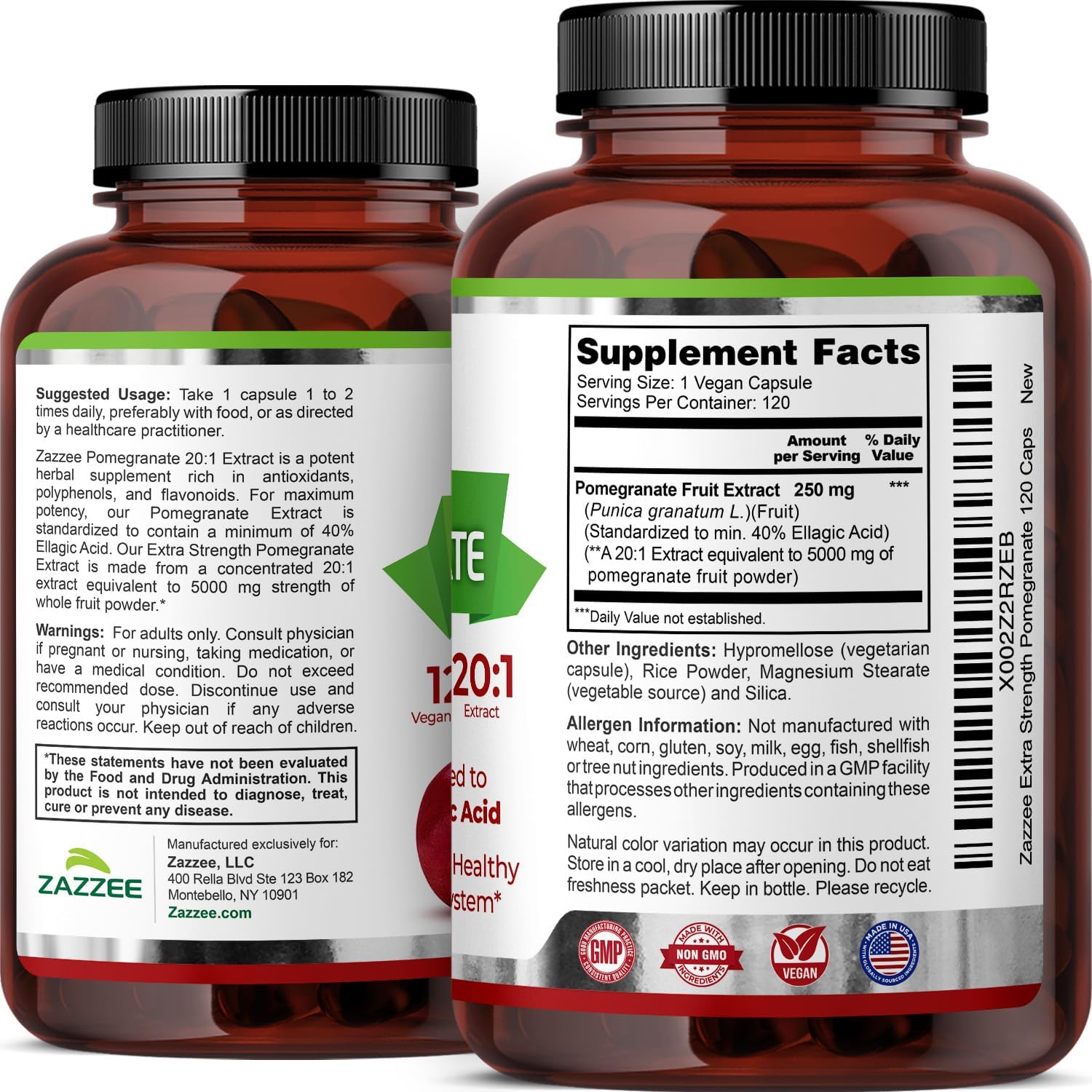 Zazzee Extra Strength Pomegranate 20:1 Extract, 40% Ellagic Acid, 120 Vegan Capsules - görsel 8