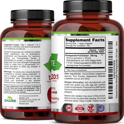 Zazzee Extra Strength Pomegranate 20:1 Extract, 40% Ellagic Acid, 120 Vegan Capsules