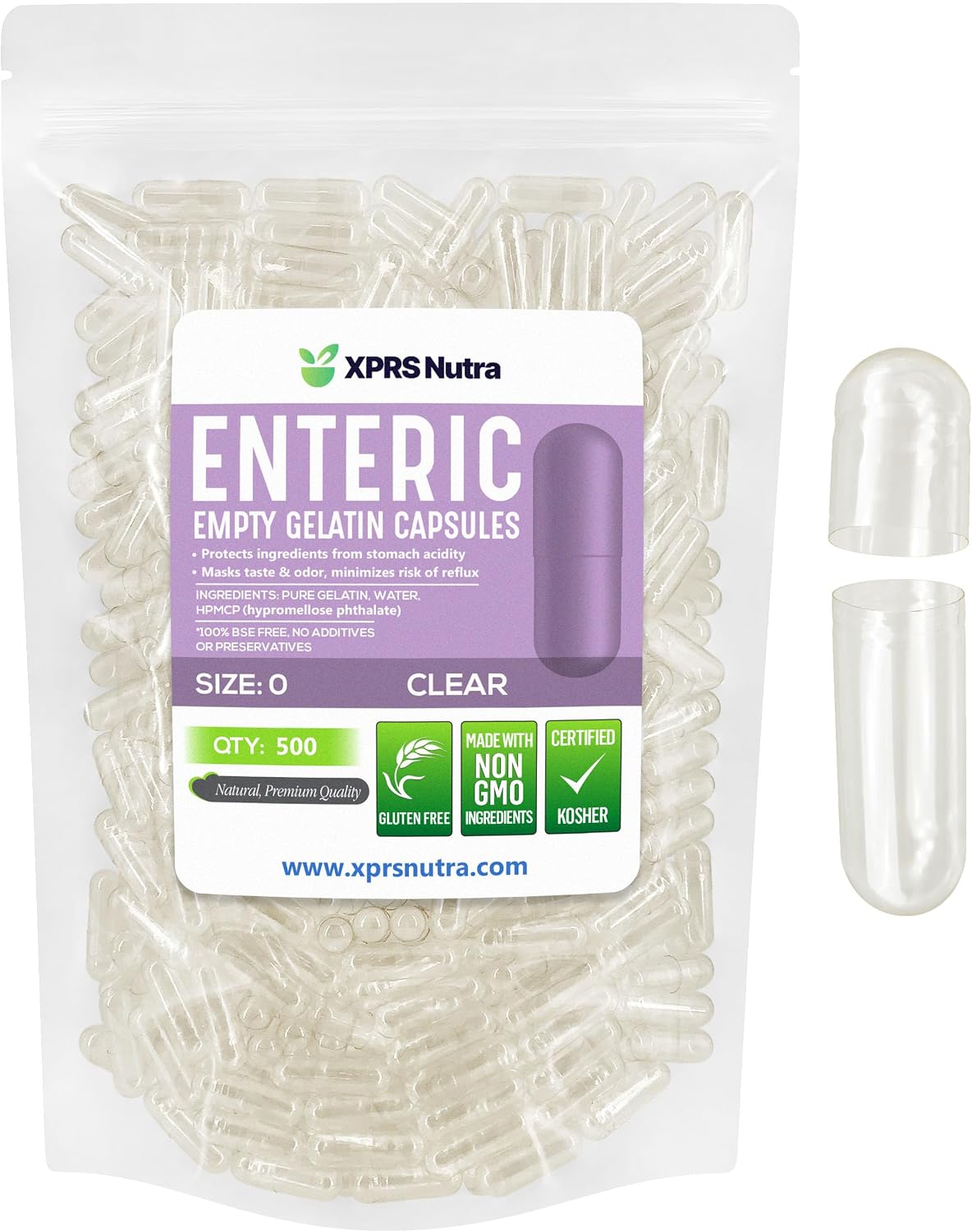 XPRS Nutra Size 0 Empty Capsules – Enteric Coated Gelatin Capsules (500 Capsules) - görsel 1