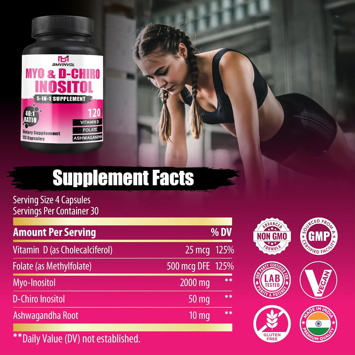 BMVINVOL 2,050mg Myo-Inositol & D-Chiro Inositol Capsules with Folate, Vitamin D & Ashwagandha - 40:1 Ratio for Hormone Balance - 120 Capsules - görsel 4