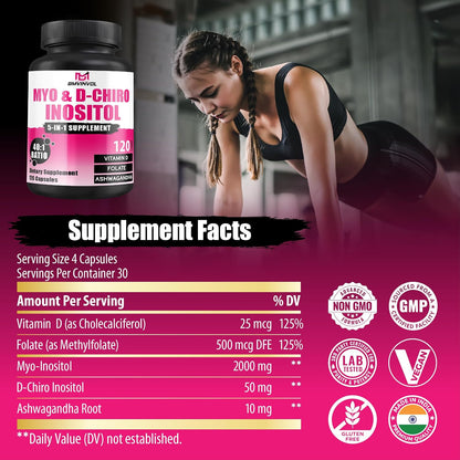 BMVINVOL 2,050mg Myo-Inositol & D-Chiro Inositol Capsules with Folate, Vitamin D & Ashwagandha - 40:1 Ratio for Hormone Balance - 120 Capsules