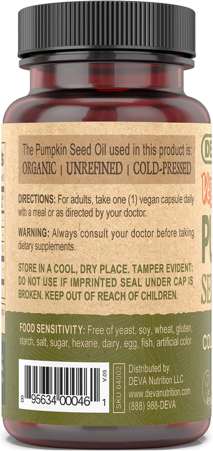 DEVA Nutrition Vegan Pumpkin Seed Oil 500 mg, Cold-Pressed and Unrefined - 90 Capsules, 1 Pack