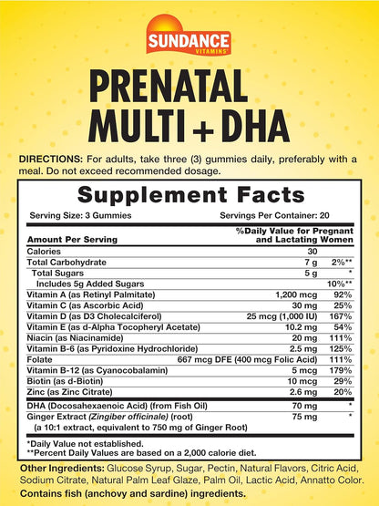 Sundance Prenatal Gummy Vitamin with DHA & Folate - 60 Count - Fruit Flavour