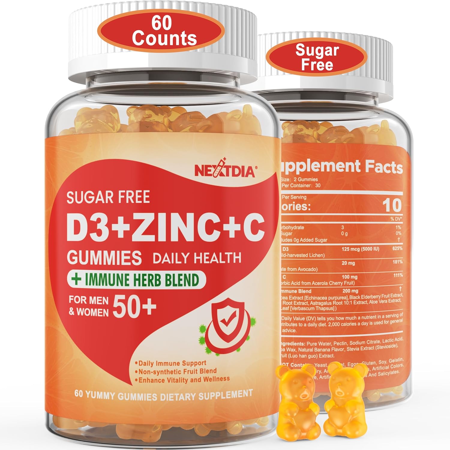 Sugar Free Vitamin C + D3 + Zinc Gummies for Adults 50+, 9 in 1 Immune Defence Supplement with D3 5000IU, Elderberry, Echinacea, Mullein Leaf - Vegan (Pack of 1) - görsel 1
