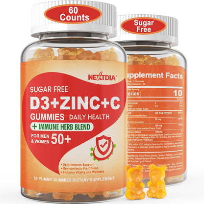 Sugar Free Vitamin C + D3 + Zinc Gummies for Adults 50+, 9 in 1 Immune Defence Supplement with D3 5000IU, Elderberry, Echinacea, Mullein Leaf - Vegan (Pack of 1)