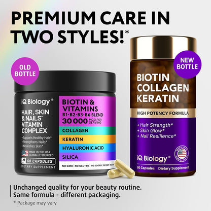 IQ BIOLOGY Biotin 10,000 µg Supplement with Collagen & Keratin for Hair, Skin & Nails - 60 Capsules – Image 3