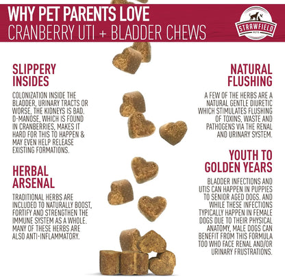 Strawfield Pets Cranberry Bladder and UTI Chews for Dogs - D-Mannose + Vitamin C for Urinary Tract Support, Bacon Flavoured Soft Chews (120 count)