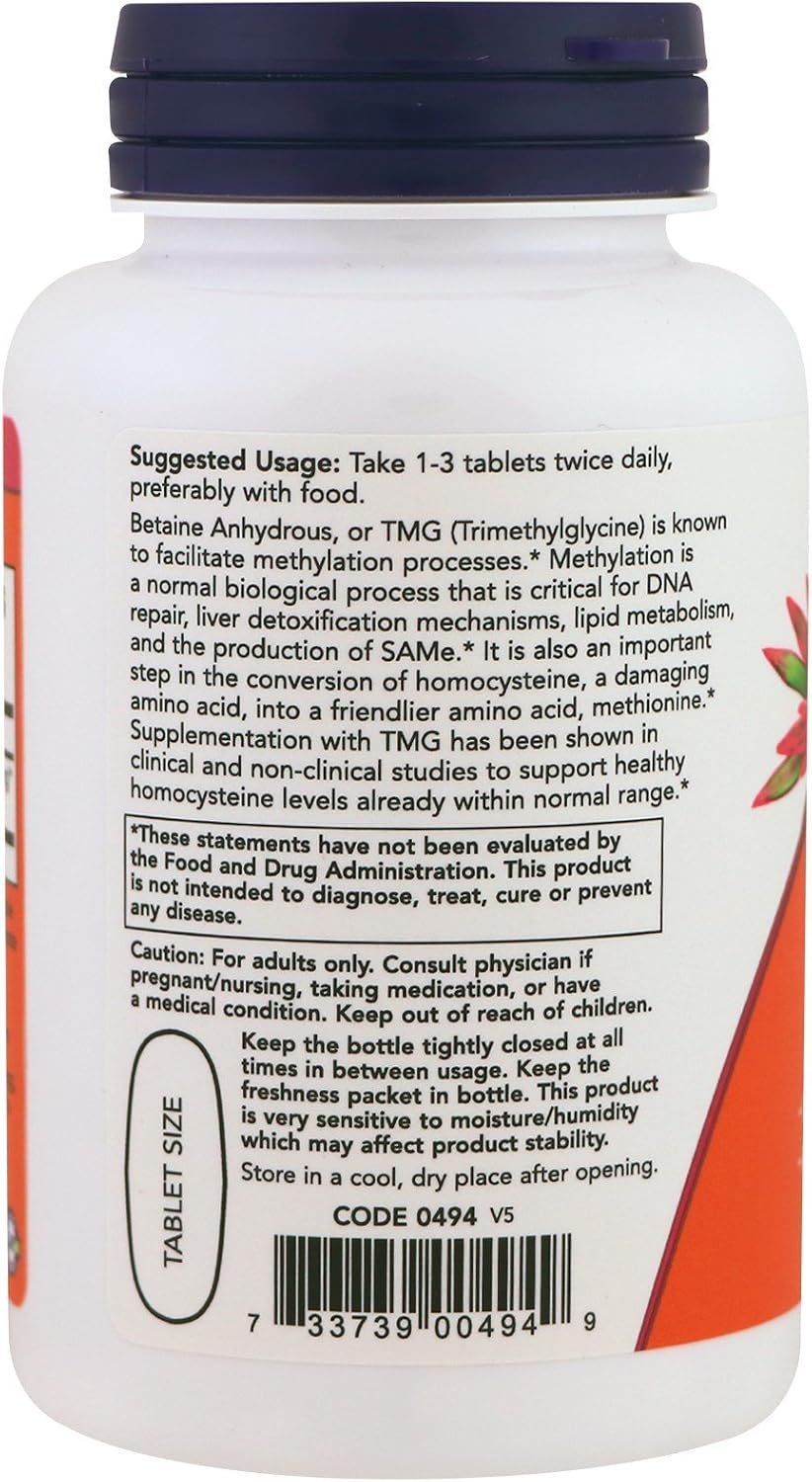 NOW Foods TMG 1000mg, 200 Tablets (2 x 100) - görsel 3