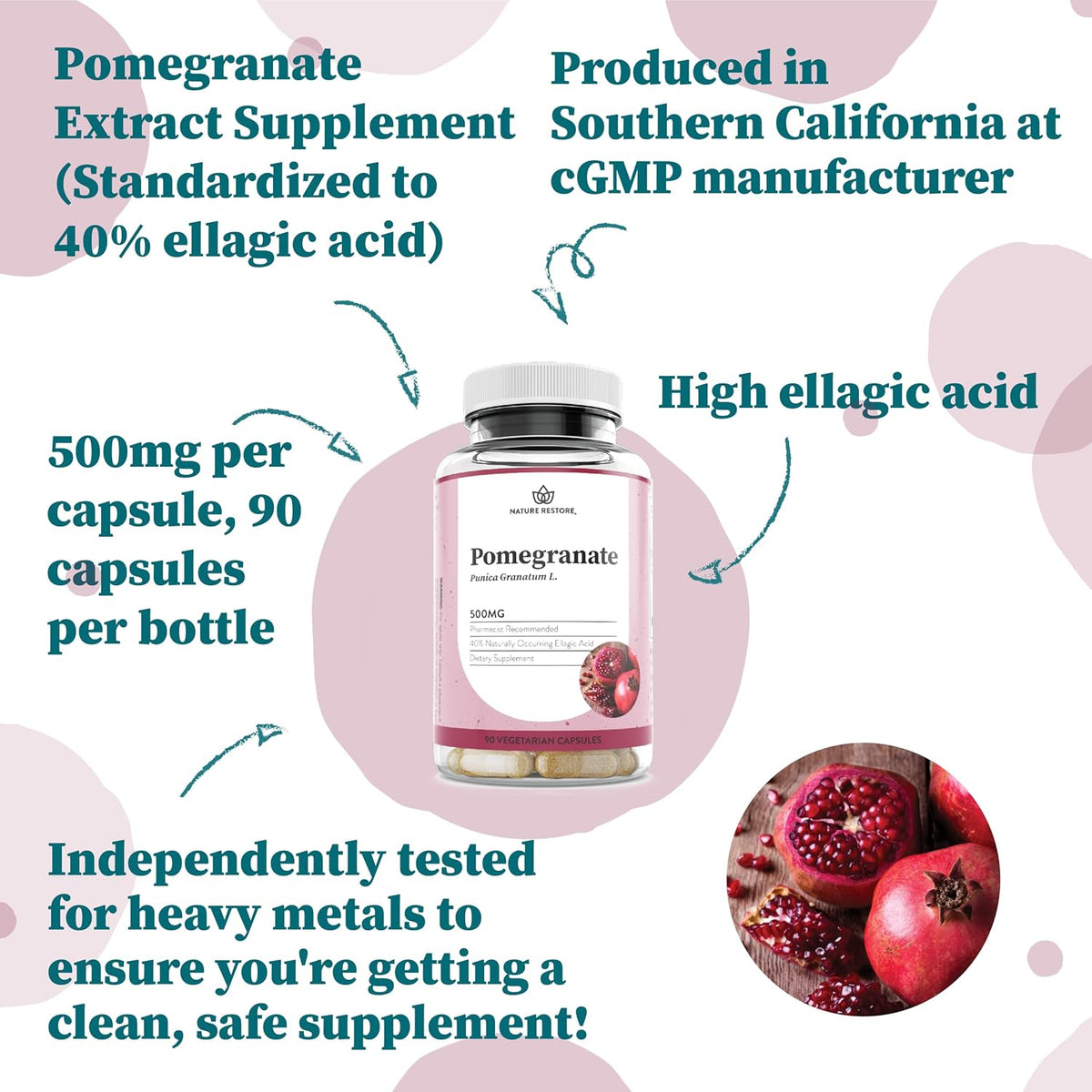 Pomegranate Extract Supplement - Standardised to 40% Ellagic Acid, Non-GMO, Gluten-Free, 90 Capsules - görsel 3