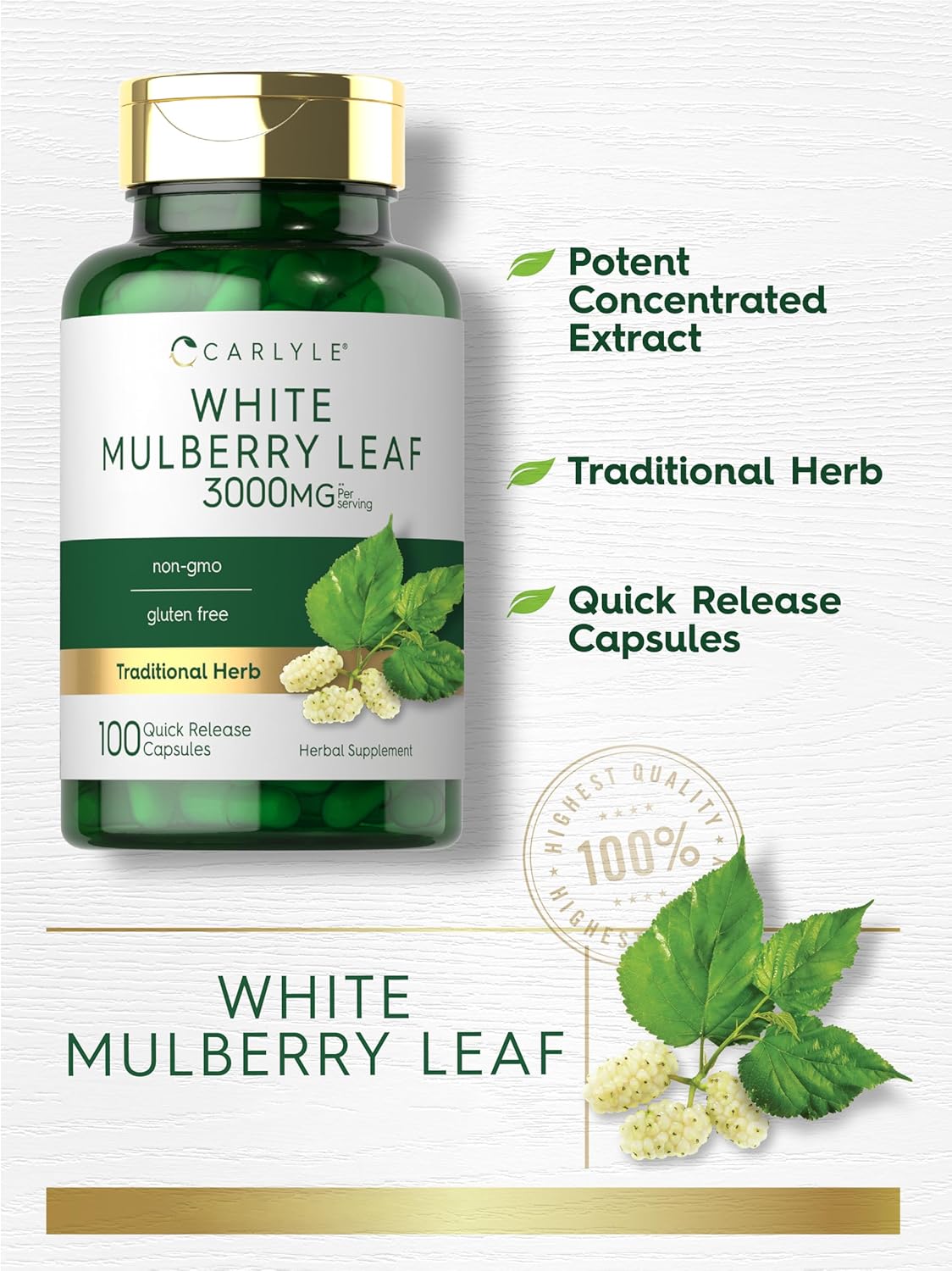 Carlyle Mulberry Leaf Extract 100 Capsules – Non-GMO and Gluten-Free Herbal Supplement - görsel 3