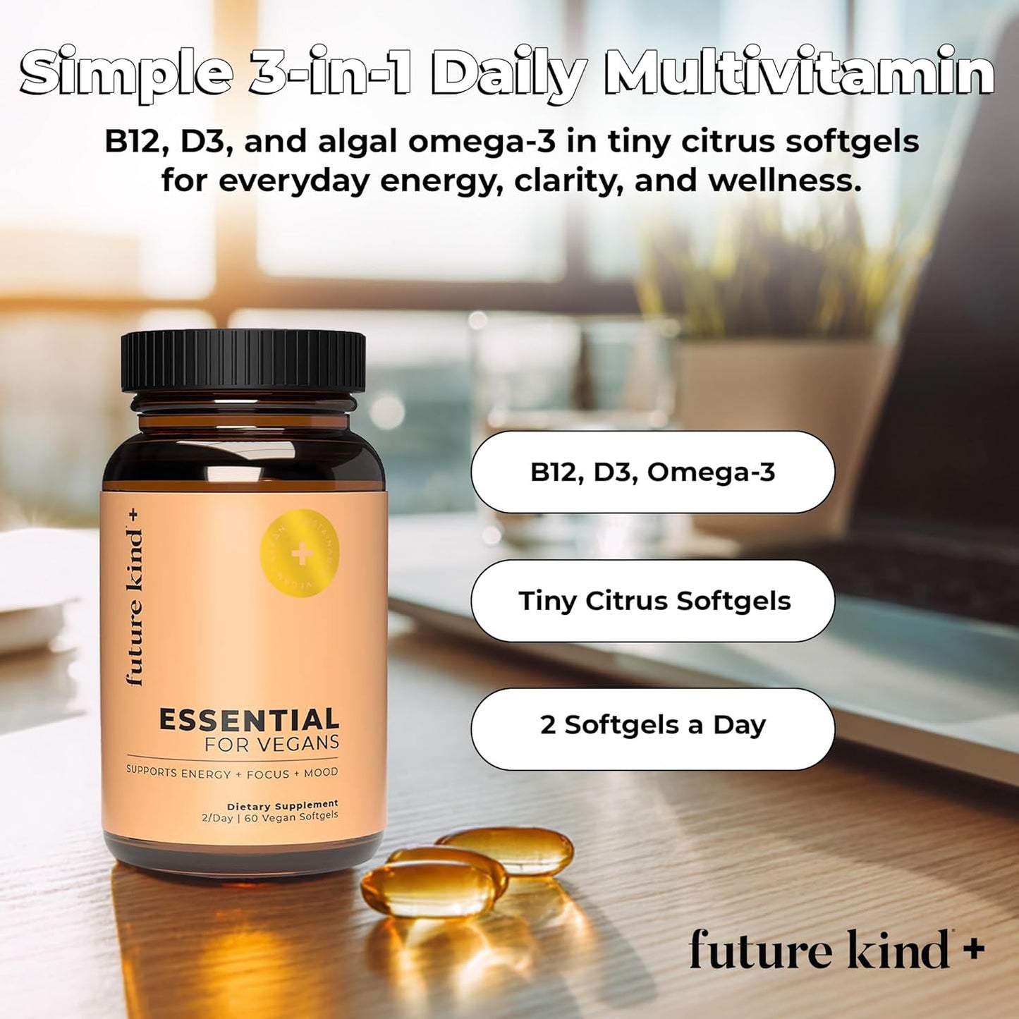 Future Kind 3 in 1 Daily Multivitamin - Vegan B12, D3, and Omega-3 Softgels - 60 Count - görsel 2