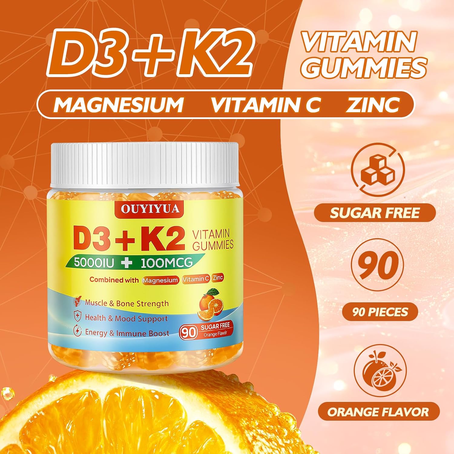 OUYIYUA Vitamin D3 K2 Gummies - 5000 IU D3 + 100 mcg K2 (MK-7), 90 Count - görsel 6