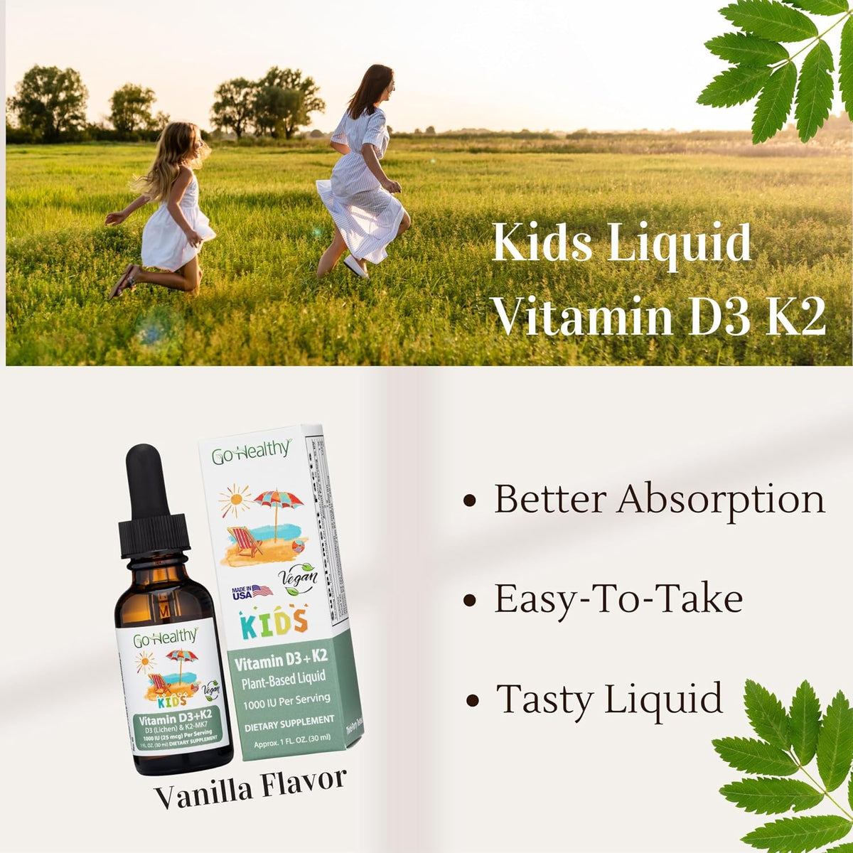 Go Healthy Kids D3 K2 (MK-7) Liquid Drops - Sugar-Free, Vanilla Flavour, 30 Servings - görsel 3