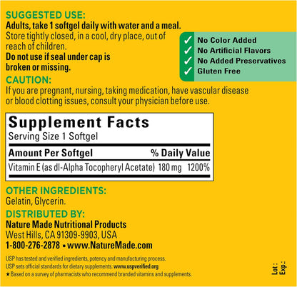 Nature Made Vitamin E 180 mg (400 IU) Softgels, 300 Capsules