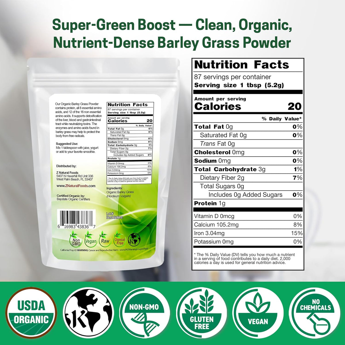 Z Natural Foods Organic Barley Grass Powder - 454 g - görsel 2