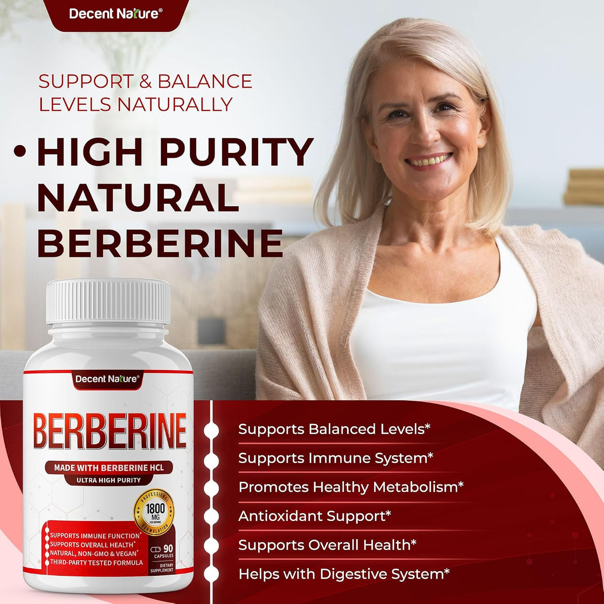 DECENT NATURE Berberine HCl 1800mg - 97% High Purity Supplement, 90 Vegan Capsules - görsel 4