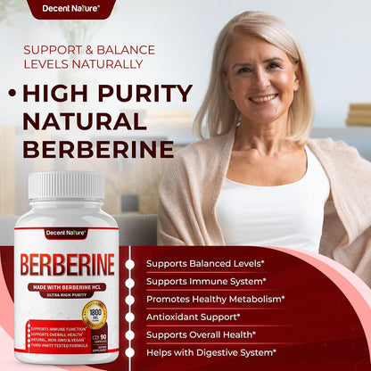DECENT NATURE Berberine HCl 1800mg - 97% High Purity Supplement, 90 Vegan Capsules