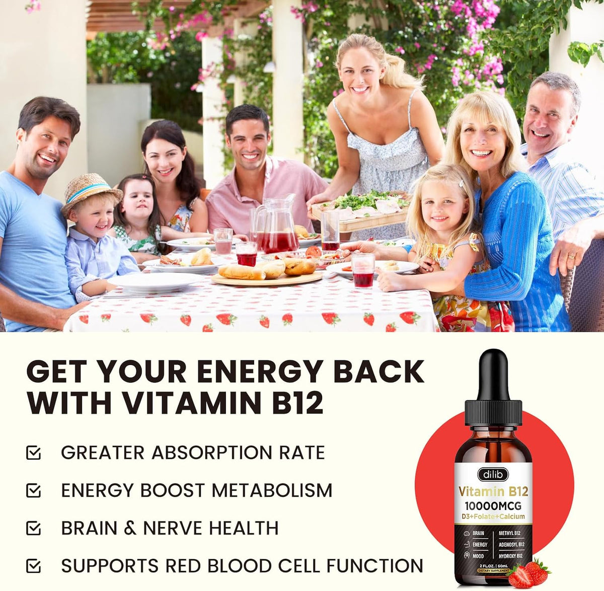 dilib Vitamin B12 Liquid Drops 10000 mcg - Triple B12 Complex - Strawberry - görsel 2