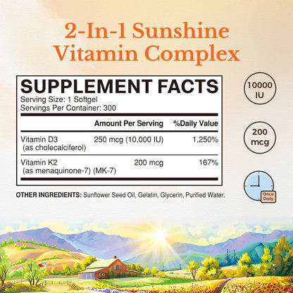 Vitalitown Vitamin D3 K2 Supplement, Vitamin D3 10000 IU Vitamin K2 (MK7) 200 mcg, 300 Softgels, Non-GM, Gluten and Soya Free, for Bone, Teeth, Immune and Heart Health