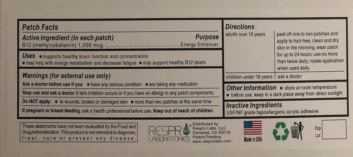 Respro Labs High Potency B12 Energy Patch – 30 Patches - görsel 2