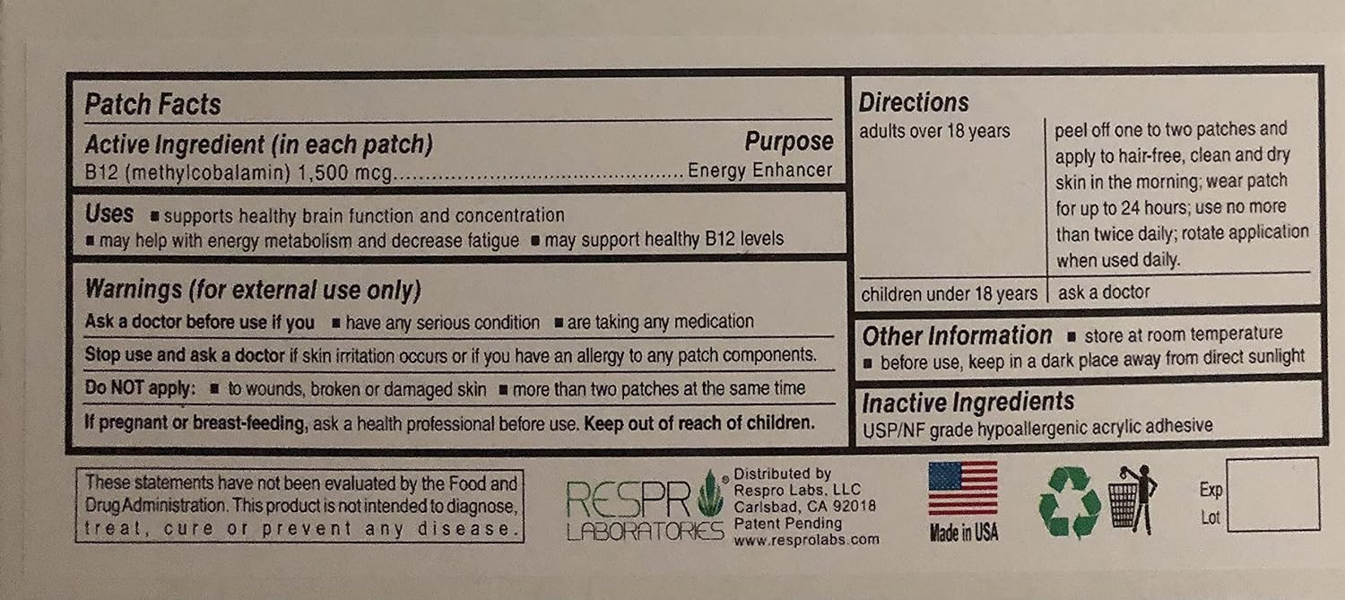 Respro Labs High Potency B12 Energy Patch – 30 Patches - görsel 2
