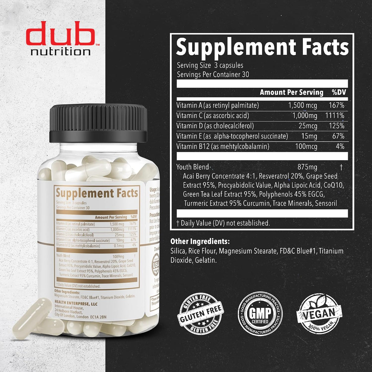 Dub Nutrition Youth - Formula with Acai, Resveratrol, Curcumin, Vitamins A, C, D, E, B12, and CoQ10 - Supports Immunity and Mobility - 90 Capsules - görsel 2