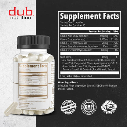Dub Nutrition Youth - Formula with Acai, Resveratrol, Curcumin, Vitamins A, C, D, E, B12, and CoQ10 - Supports Immunity and Mobility - 90 Capsules
