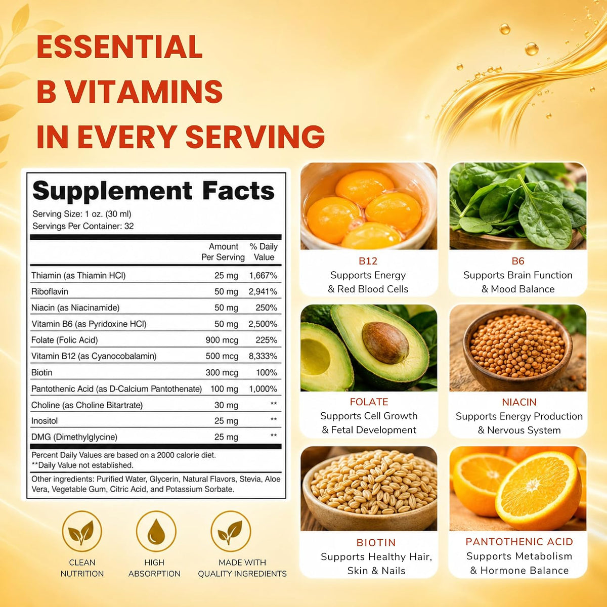 ENP Super B Complex Liquid - B12, B6, Thiamine & Biotin - Energy, Metabolism & Nervous System Support - Liquid B Vitamins for Daily Wellness - 32 Servings - görsel 3