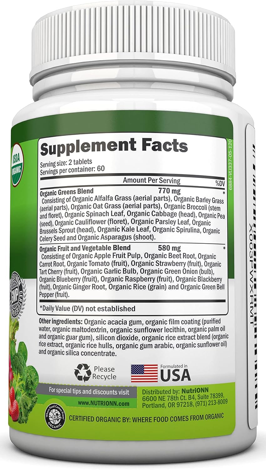 Organic Super Greens Capsules - Fruit And Vegetable Supplements - 120 Capsules - 28 Organic & Vegan Premium Ingredients - Superfood Blend For Immune Health, Digestion & Energy - Whole Food Vitamins - görsel 2