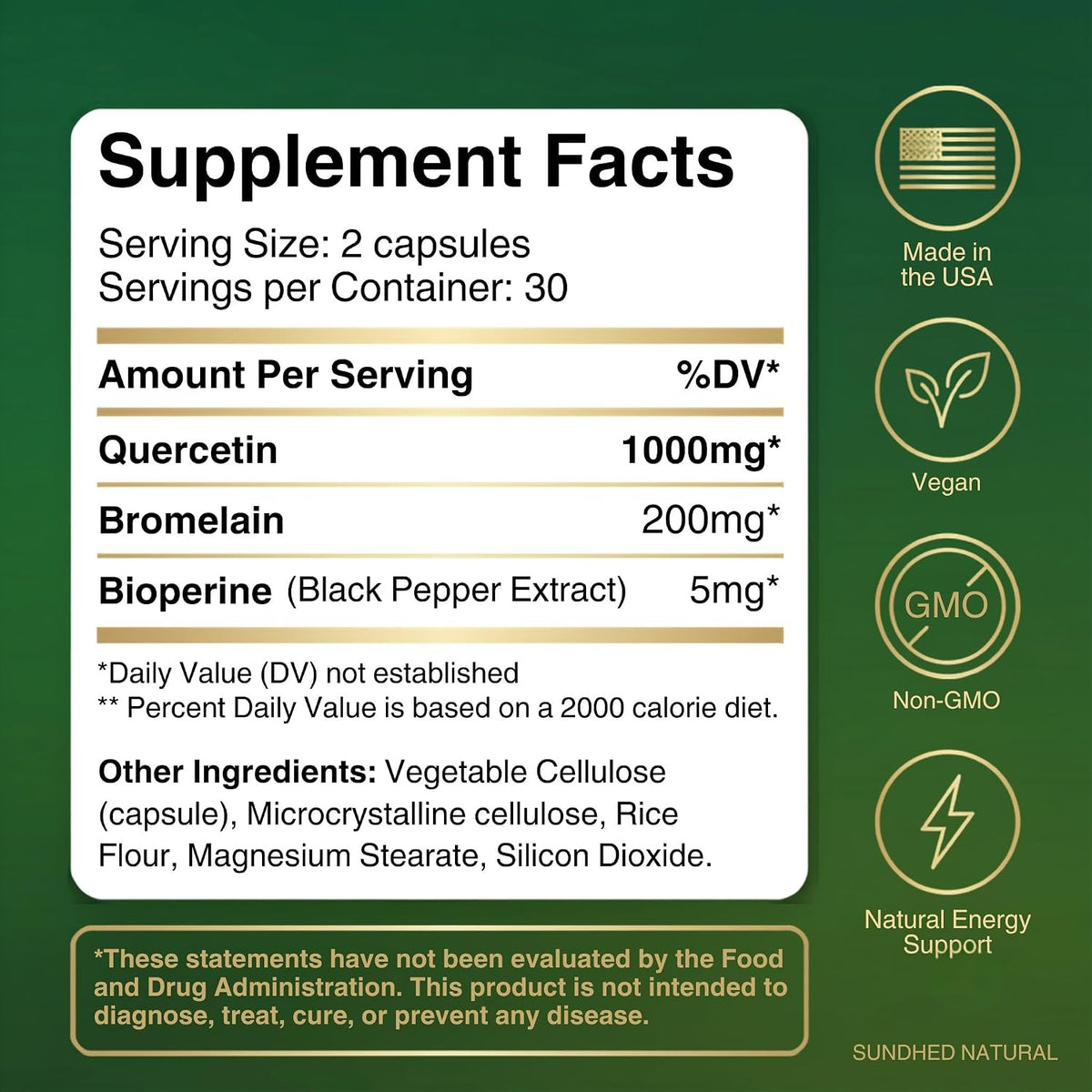 Pure Quercetin with Bromelain and Bioperine - Antioxidant Support, Extra Strong Formula with 1000mg, 1-Month Supply - görsel 9