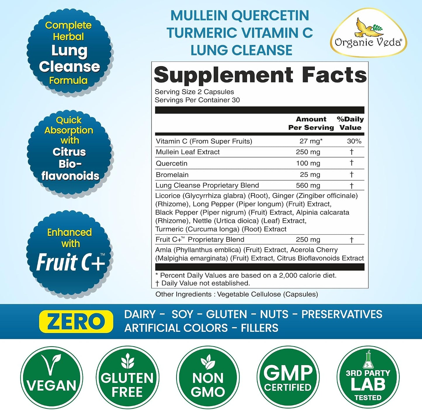 Organic Veda Mullein Quercetin Turmeric Lung Cleanse Capsules - 13 in 1 Herbal Lung Health Supplement - görsel 2