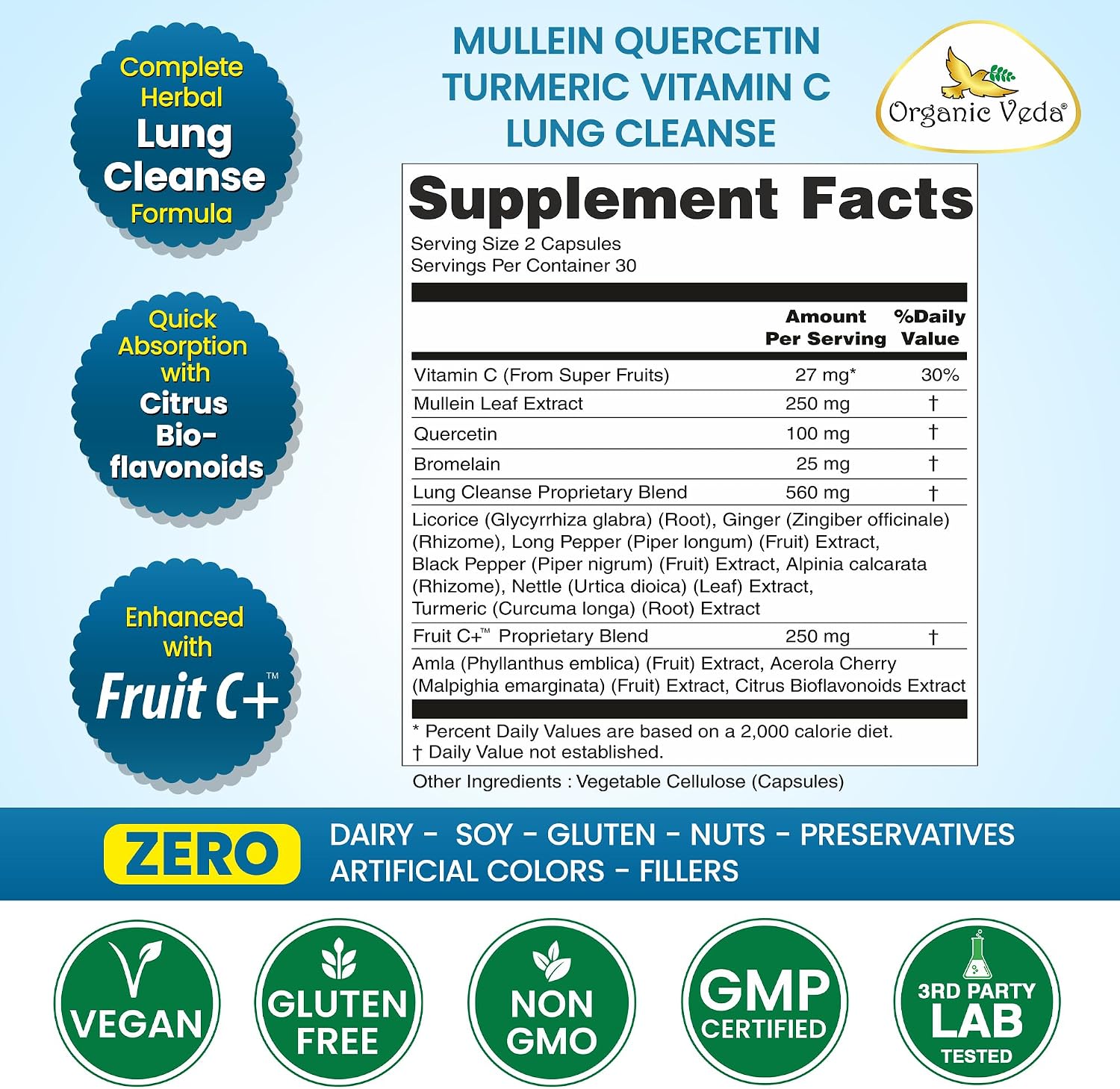 Organic Veda Mullein Quercetin Turmeric Lung Cleanse Capsules - 13 in 1 Herbal Lung Health Supplement - görsel 2