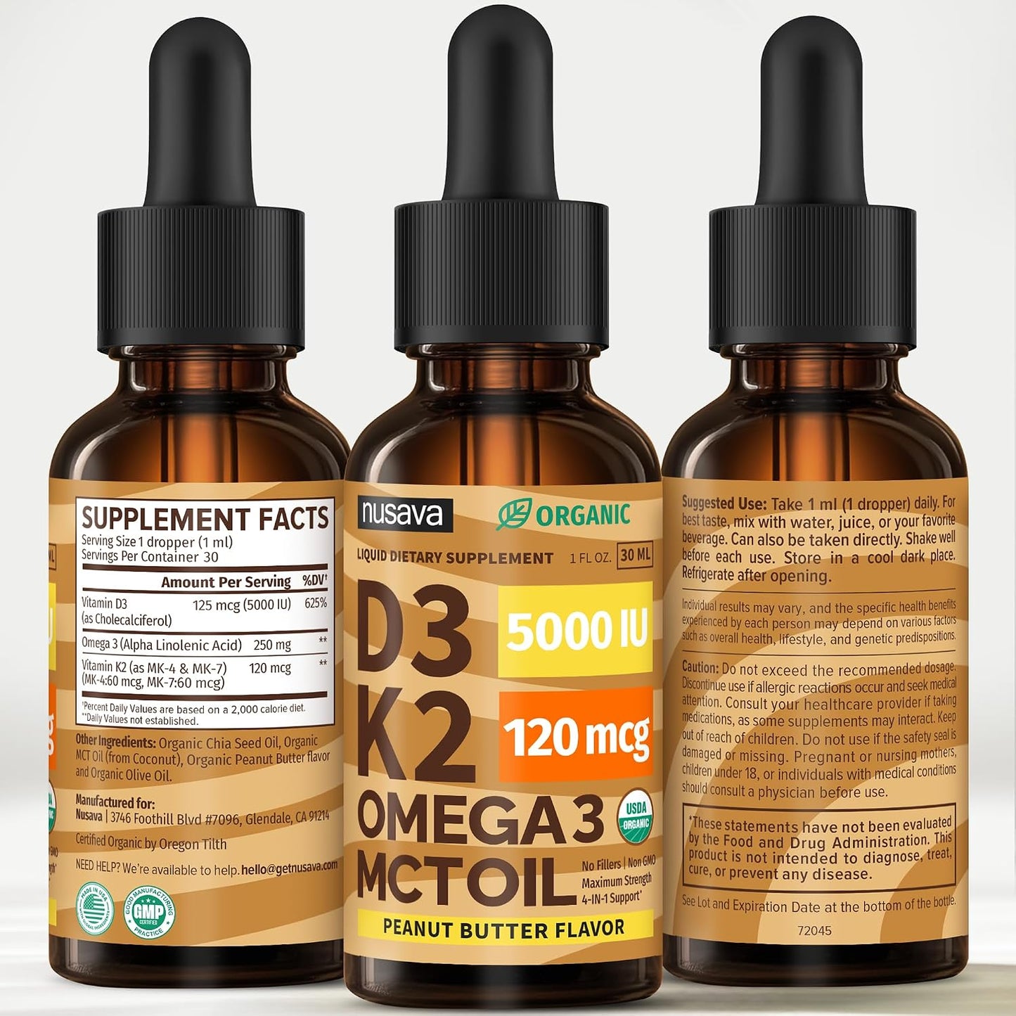 NUSAVA Organic Vitamin D3 K2 Drops with MCT Oil & Omega-3 - Liquid Vitamin D3 5000 IU, Peanut Butter (60 ml) - görsel 8