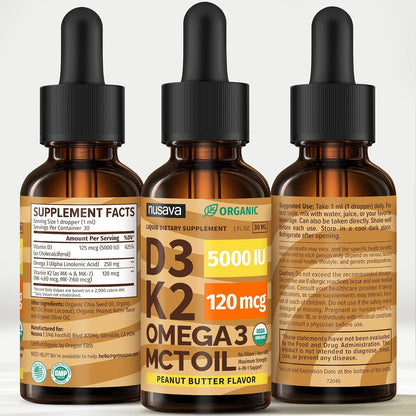 NUSAVA Organic Vitamin D3 K2 Drops with MCT Oil & Omega-3 - Liquid Vitamin D3 5000 IU, Peanut Butter (60 ml)