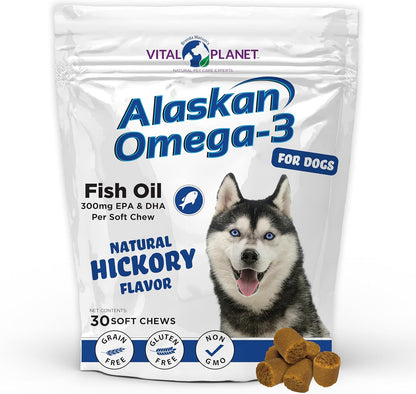 Vital Planet Alaskan Omega-3 Soft Chews for Dogs, Wild Alaskan Fish Oil – 30 Hickory Flavoured Soft Chews