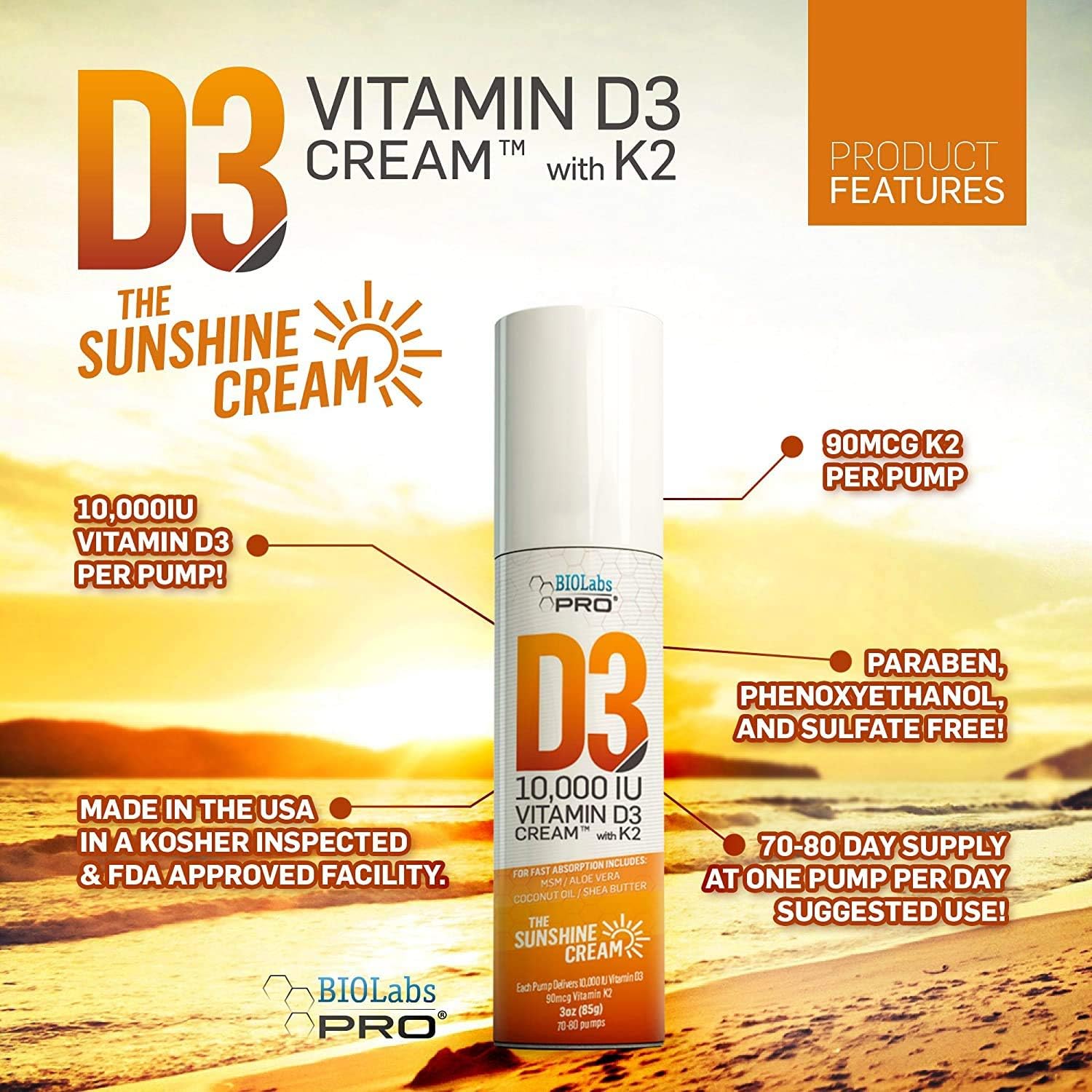 BIOLABS PRO Natural Vitamin D3 10000IU Cream with Vitamin K2 & Olive Leaf Extract - görsel 3
