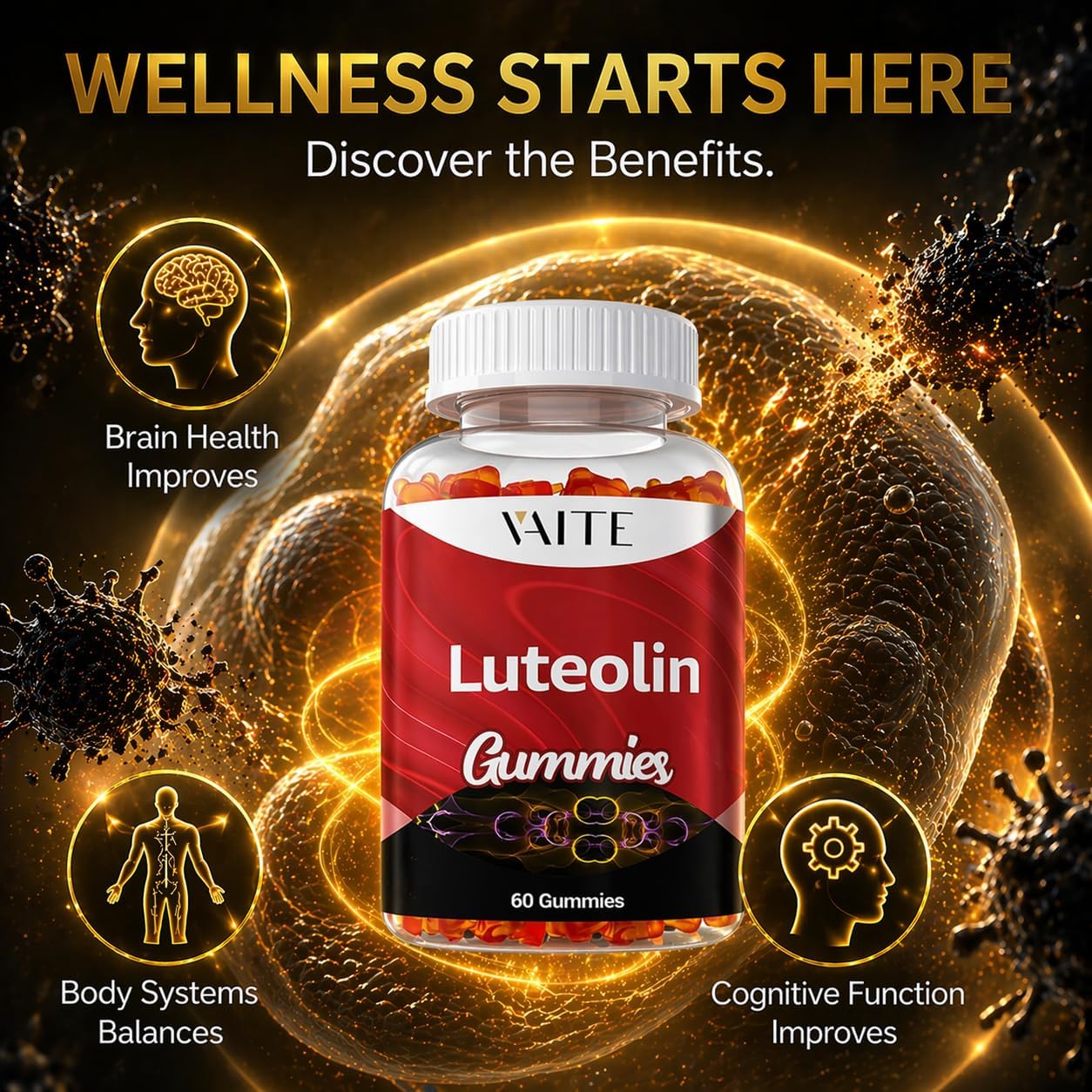 VAITE Luteolin 100mg Gummies – Vegan, Non-GMO, Sugar-Free – Antioxidant Supplement for Daily Vitality – 60 Chewable Gummies - görsel 2