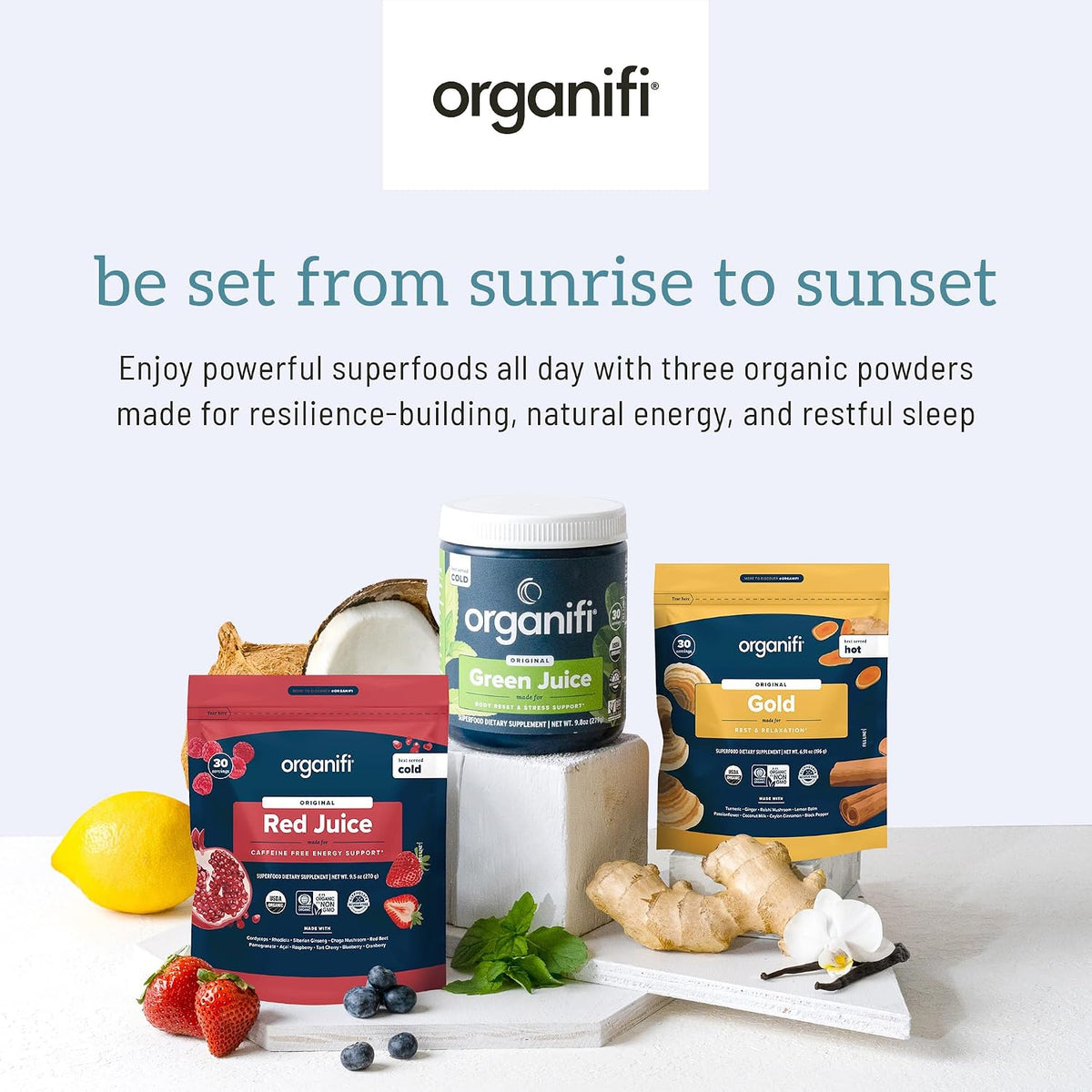 Organifi Sunrise to Sunset Power Box - Organic Superfood Powder Set (Green Juice, Red Juice, Golden Milk) - görsel 3