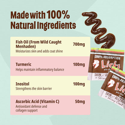 Licks Skin & Allergy Support - Allergy Gel for Dogs - Omega 3 Fish Oil, Turmeric & Vitamin C - Fish Flavour - 10 Sachets